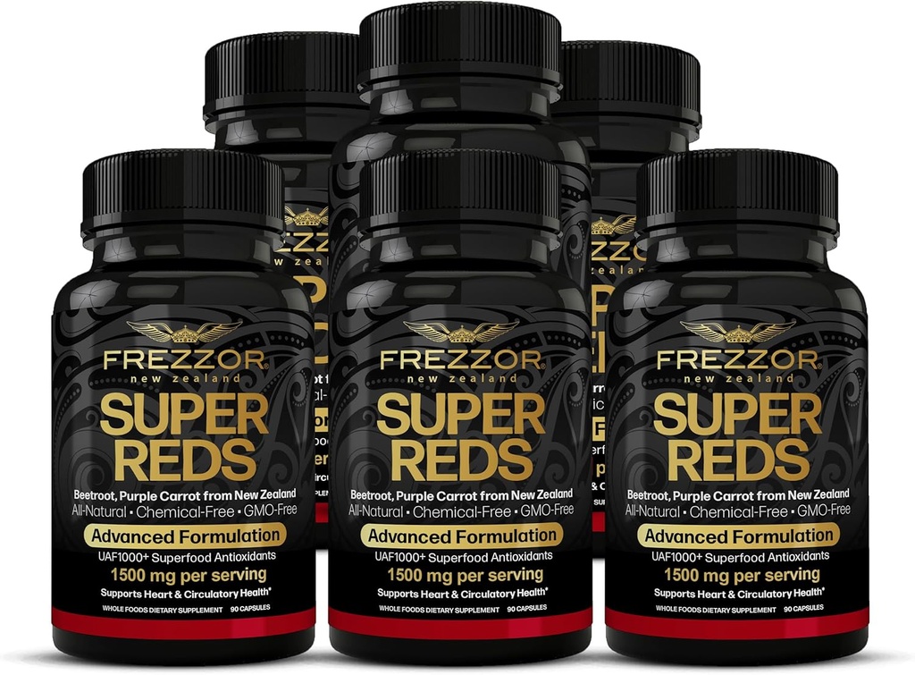 FREZZOR Super Reds kapsler med UAF1000 +, All- Natural New Zealand Red Superfood Energy, Essential Red Fruits Veggies & Beets, Antioxidanter, Enzymes, Energitilskud, 540 kapsler, 6 flasker