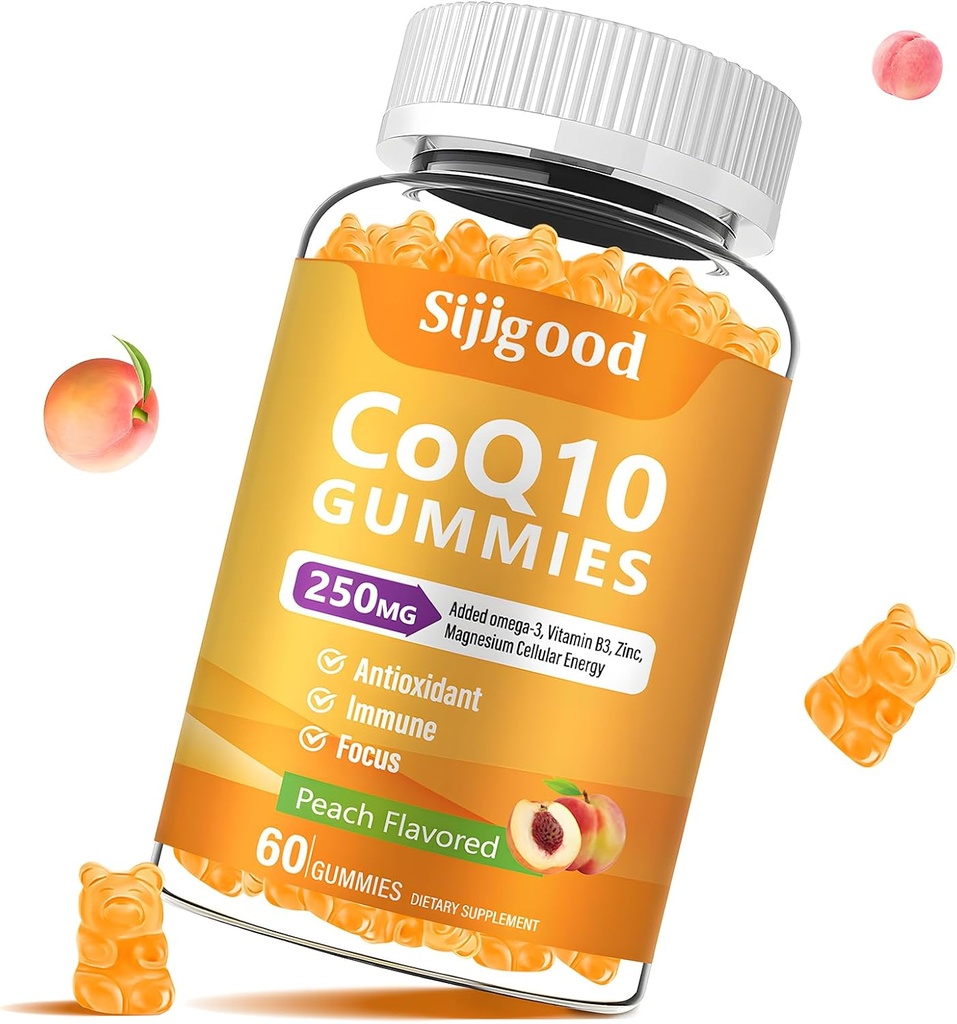 Sukkerfri CoQ10 Gummies, Plus Omega-3, vitamin B3 og zink, Magnesium, 5X High Absorption Coenzym Q10 Kosttilskud, q10 Boost Cellular Energy, Potent Antioxidant & Brain, Peach Flavor, 60 Cts