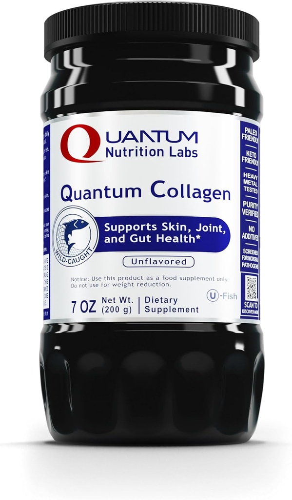 QNL Quantum Collagen - Sustainable Sourced Hydrolyzed Marine Collagen - Gut Health Supplement for kvinder & mænd - Tilbud fælles støtte - 7 oz