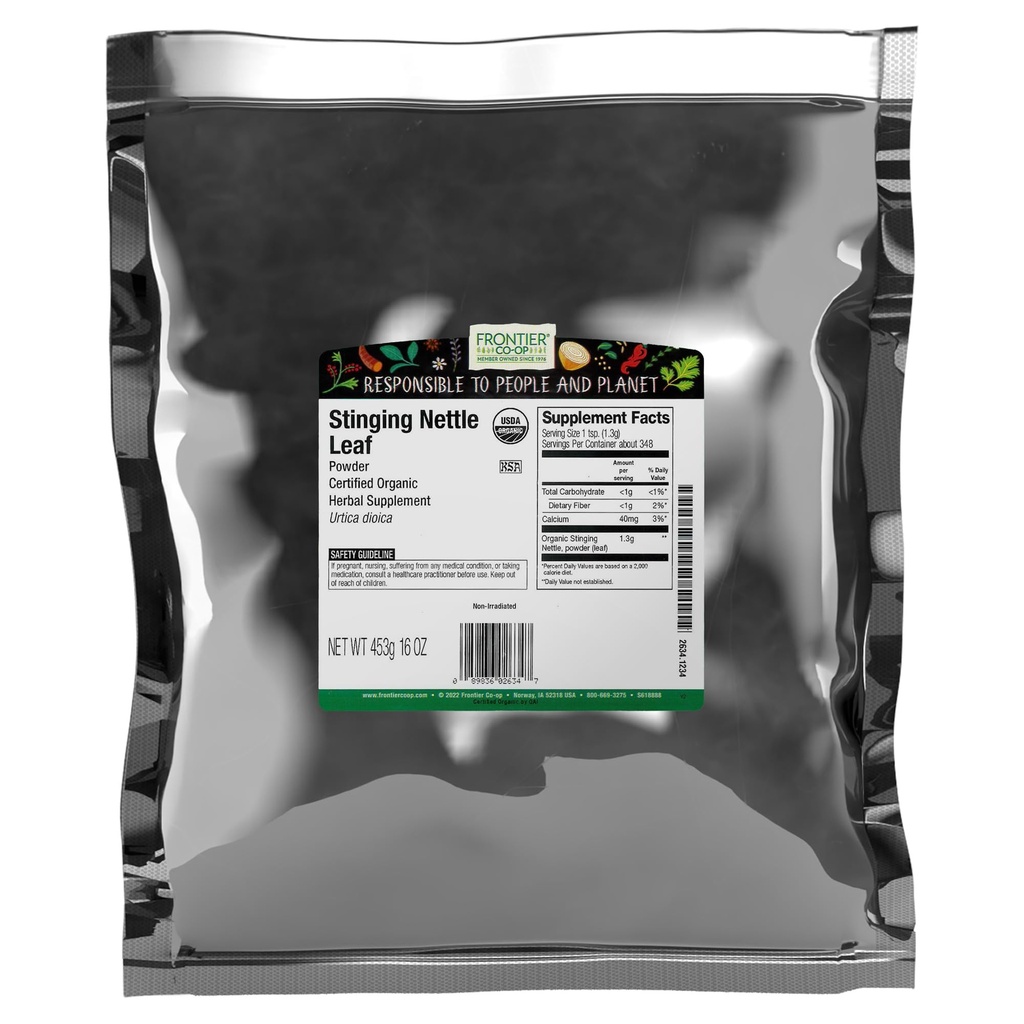 Frontier Co- op Organic Ground Stinging Nettle Leaf, Tørret Nettle Leaf Powder, Kosher Budd124; 16 Ounce (pakke med 1)