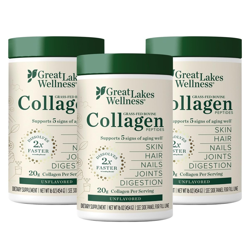 Great Lakes Wellness Collagen Peptider Pulver til hud, hår, negle, Joints & fordøjelse - Unflavored - Hurtig opløsning Hydrolyseret, Non- GMO, Keto, Kosher - 16 oz - 3 Pack