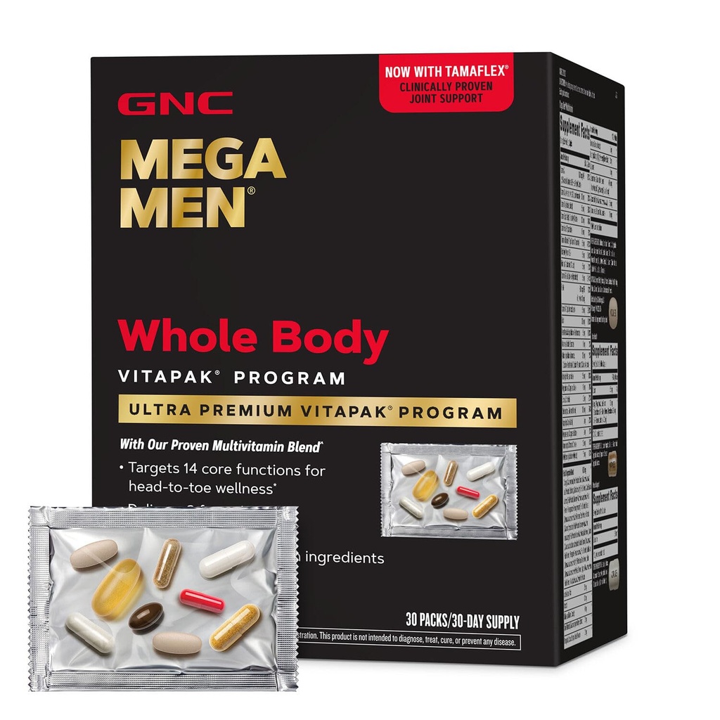 Mega Mænd hele kroppen Ultra Premium Vitapak Program, GNC bedste ernæring Pack for Mand Wellness, Praktisk, 8 Produkter i 1 pakke, Hukommelse, Med klinisk Proven Ingredienser, Fælles Support, 30 svgs