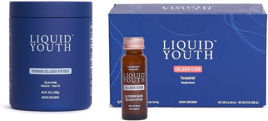Collagen Peptider Powder & Passion Fruit Liquid Collagen Skud for kvinder & mænd - Type I & III Premium Grass- fodret Bovine & Marine Collagen - for hårvækst, hud, negle, ben, fælles sundhed (40 Servere)
