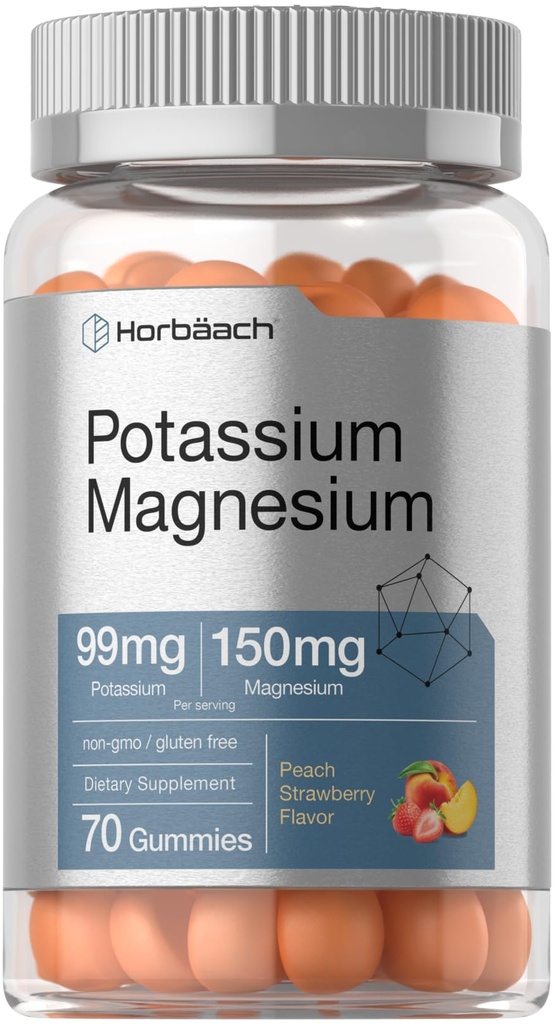 Horbäach Kalium Magnesium Supplement Gummies Shue 124; Peach Strawberry Flavor 124; 70 Greve Shue 124; Vegan, Non- GMO, og Gluten Free Formel