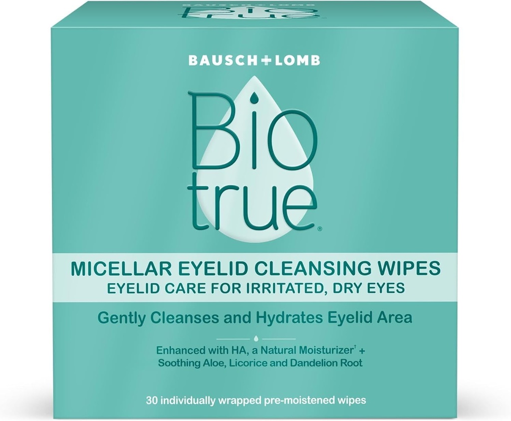 Biotrue Micellar Eyelid Care for Irritated and Try Eyes Cleansing Wipes, fra Bausch + Lomb, Multi, 30 Greve