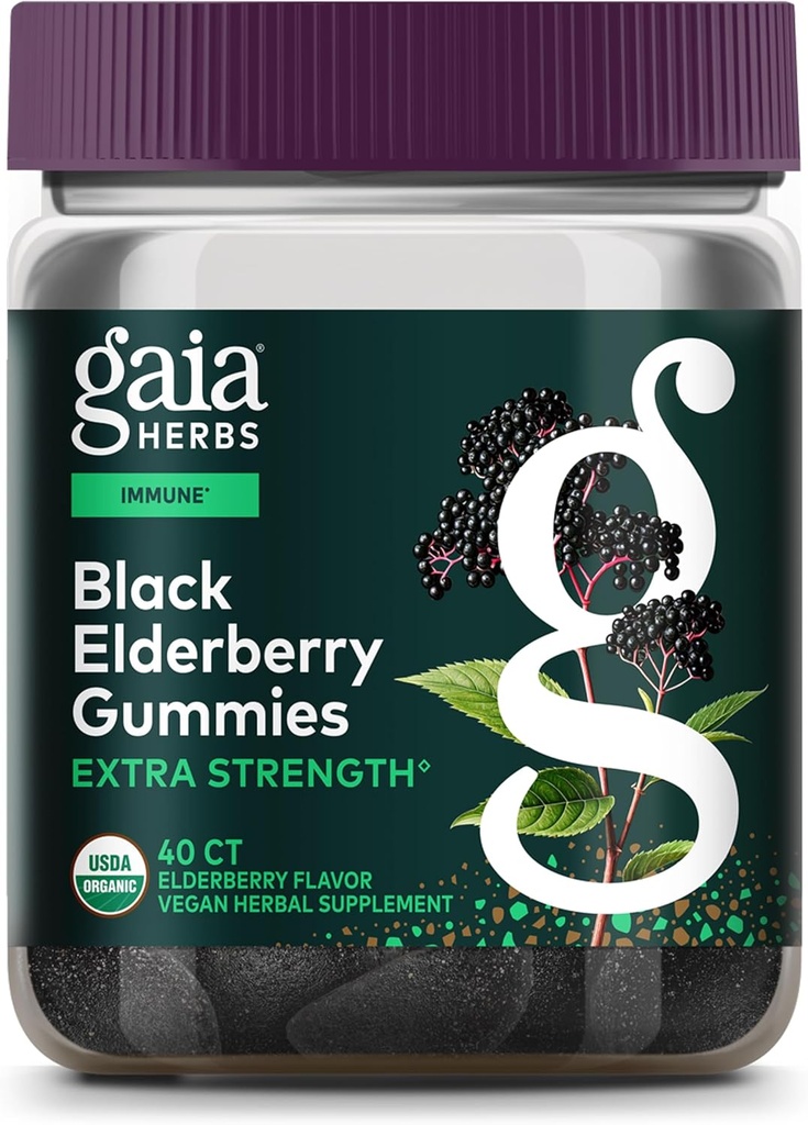 Gaia urter Black Elderberry (Sambucus Nigra) Ekstra styrke Gummies - Lækker immunforsvar supplement - Lavet med Certified Organic Black Elderberries til immunsystemet support - 40 Gummies