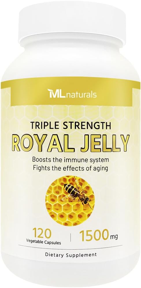 ML Naturals Royal Jelly 1500mg 120 Vegetabilske kapsler, Tilsvarende med 6% (27 mg) 10- HDA. Frysetørret, Gluten fri, NSF- Certificeret & cGMP- Compliant