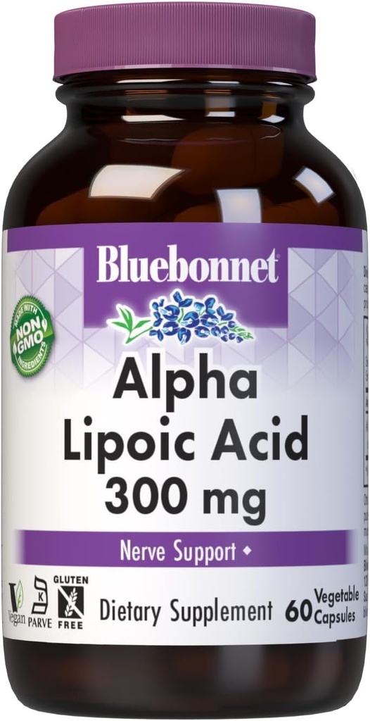 BlueBonnet Alpha Lipoic Acid 300mg - Kraftfuld Antioxidant Nerve Support for Kvinder & Mænd - Non- GMO, Vegan, Kosher - Gluten- Free, Soy- Free, Dairy- Free - 60 Vegetabilske kapsler