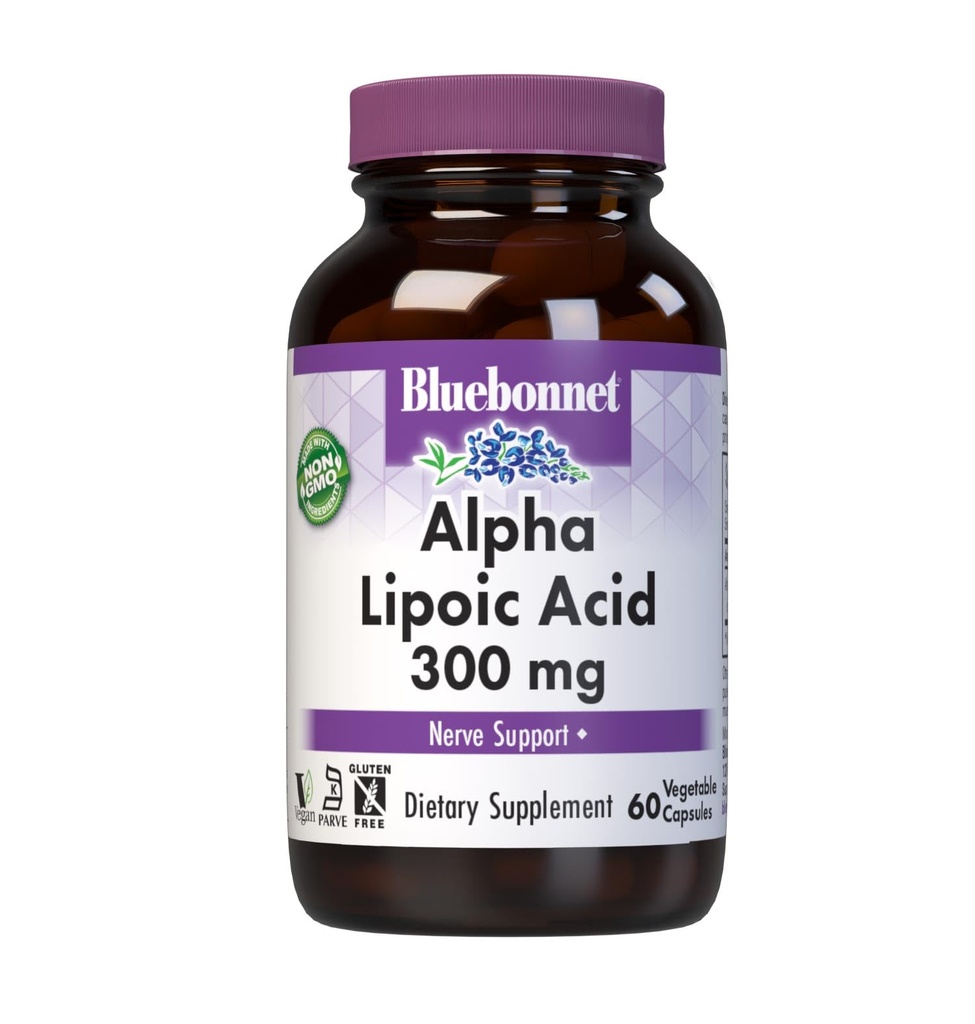BlueBonnet Alpha Lipoic Acid 300mg - Kraftfuld Antioxidant Nerve Support for Kvinder & Mænd - Non- GMO, Vegan, Kosher - Gluten- Free, Soy- Free, Dairy- Free - 60 Vegetabilske kapsler