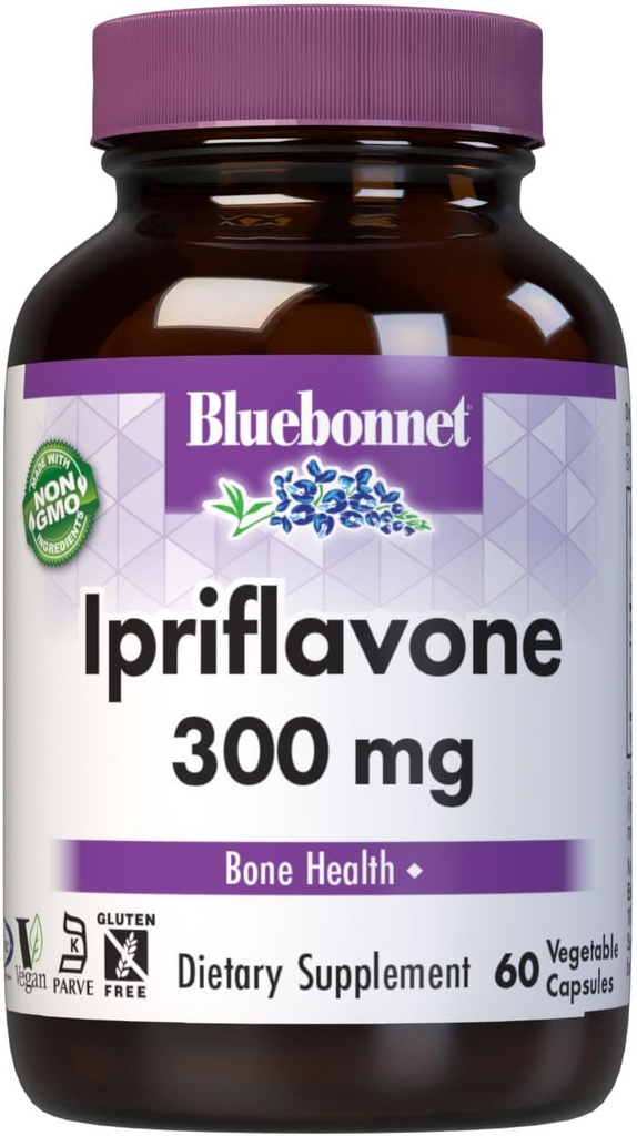 BlueBonnet Nutrition Ipriflavone 300mg - for ben sundhed * - Ostivone Kilde - Non-GMO, Vegan, Kosher Certified, Gluten- Free, Soy- Free, Dairy- Free - 60 Vegetabilske kapsler, 60 Servere