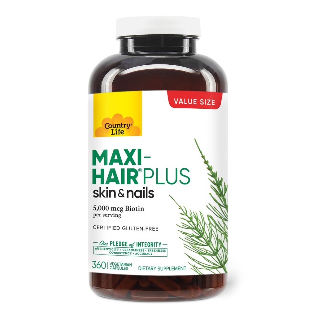 Country Life Maxi- Hår Plus 5000 mcg biotin, 360 kapsler, Certificeret gluten fri, Certificeret vegetar
