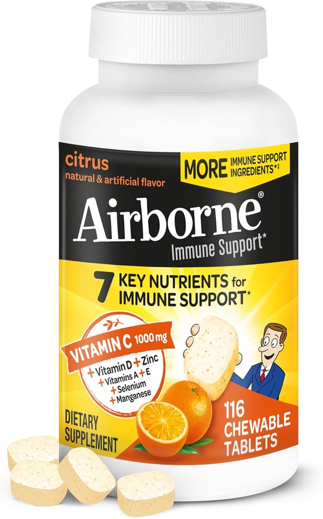 Airborne C-vitamin 1000mg (per servering) - Citrus Chewable Tablets (116 Tæl i en flaske), Glutenfri immunsupporttilskud, med Vitamin A C E, Zink, Selen, Echinacea, Ingefær, Antioxidanter