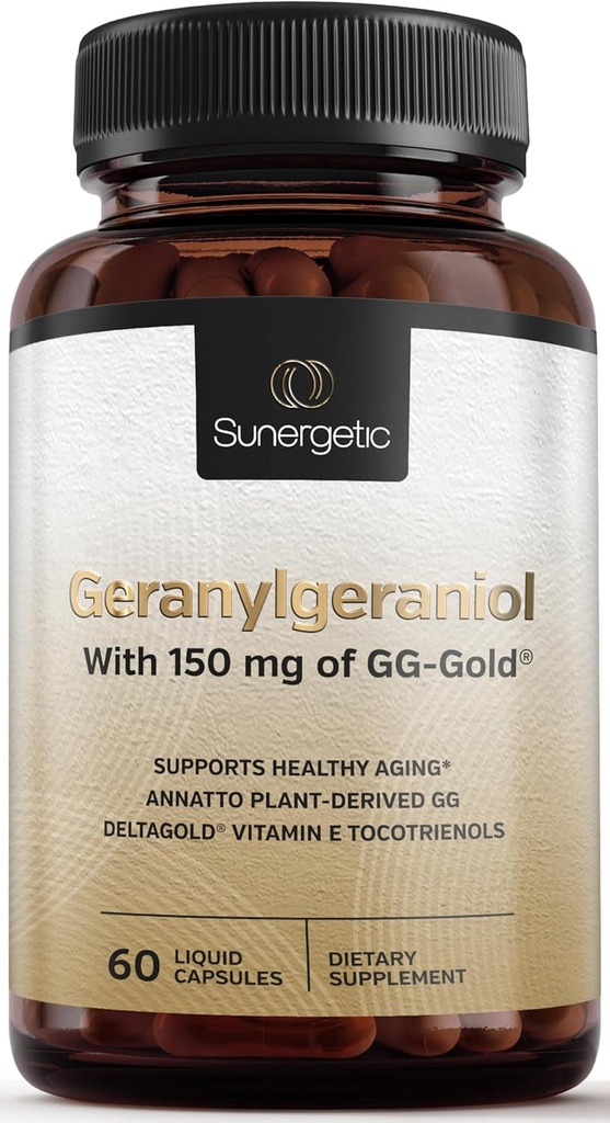 Sunergetic Premium Geranylgeraniol Supplement - GG- Gold 150mg med DeltaGold Vitamin E Tocotrienol- Annatto Derived GG for Statin Brugere, Heart Health & CoQ10 Produktion - 60 kapsler