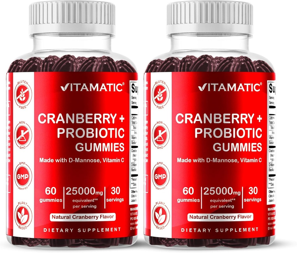 Vitamatic 2 Pack Vegansk Tranebær Gummier med D- Mannose, Probiotisk & Vitamin C for kvinder Urinvejssundhed - 25000mg Ækvivalent Per Servering (fra 50: 1 Extract 500 mg) - 60 Greve