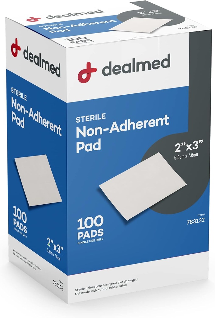 Dealmed Steril Non- Adherent 2 "x 3" Gauze Pads Non- Adhesive Sown Dressing, Meget Absorbent & Non- Stick, Painless Removal- Switch, individuelt indpakket til ekstra beskyttelse (Box med 100)