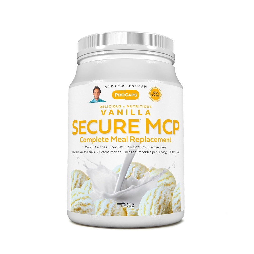ANDREW LSSMAN Secure MCP Komplet Meal Erstatning - Vanilla 10 Servering - Kun 57 kalorier, Low- Fat, 7 Bedste Marine Collagen Peptider, fremmer Radiant Glat Soft Skin, Komfortabel Joints