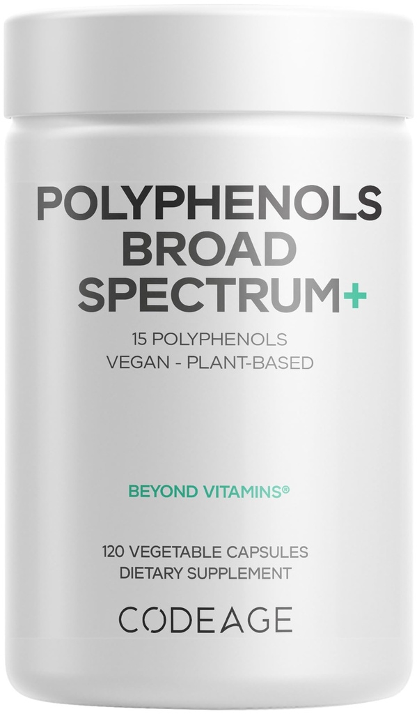 Kodeage Polyphenoler Broad Spectrum Supplement - Blend af 15 bær, frugter og botaniske ekstrakter, Decaf Green Tea Leaf, Quercetin, Resveratrol, Pomegranat, gurkemeje - Non-GMO - 120 Kapsler
