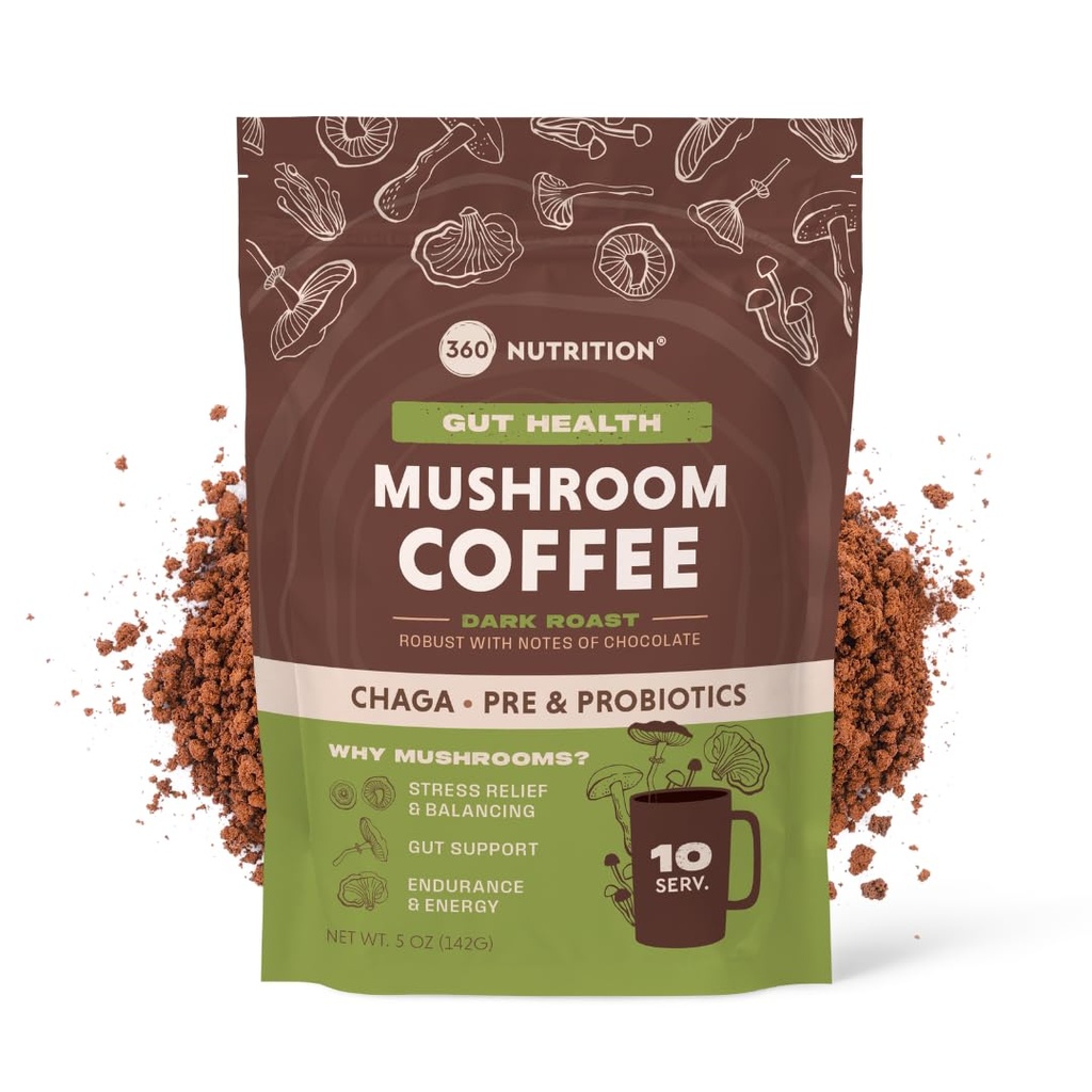 360 Nutrition Instant Mushroom kaffe med Chaga Superfood Mushroom og Prebiotika, Probiotika til Gut Health, og Focus Support Buddy 124; Dark Roast, Ingen Tilføjet Sukker 5 oz (Gut Blend)