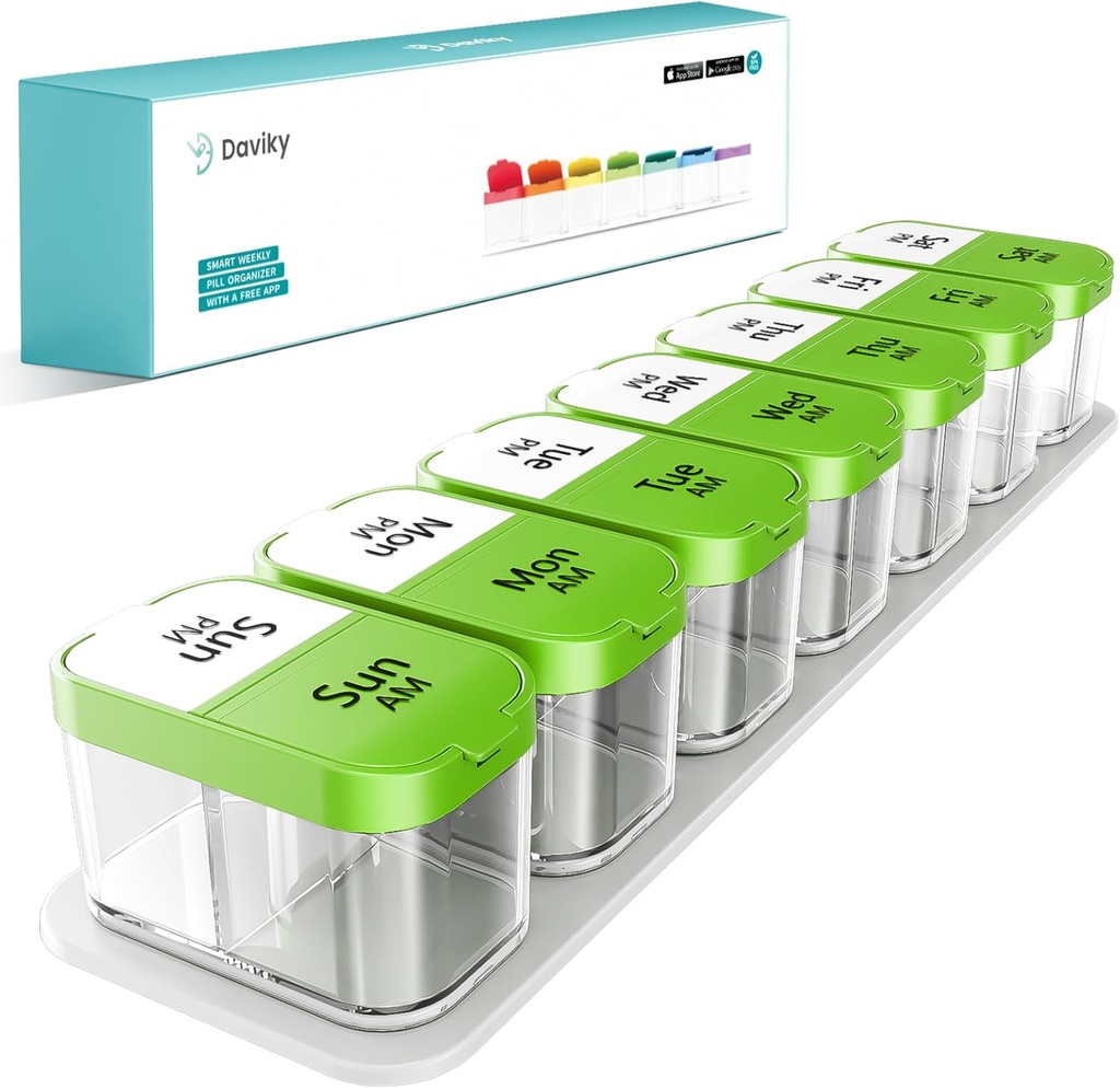 Daviky Stor Ugentlig Pill Organizer 2 gange om dagen, Ekstra Stor Travel Pill Box 7 dag, Am Pm to gange daglig Pill sag, Pill Holder Container for Vitamin, Medicin, Supplement, Fish Oil, BPA Gratis, Grøn