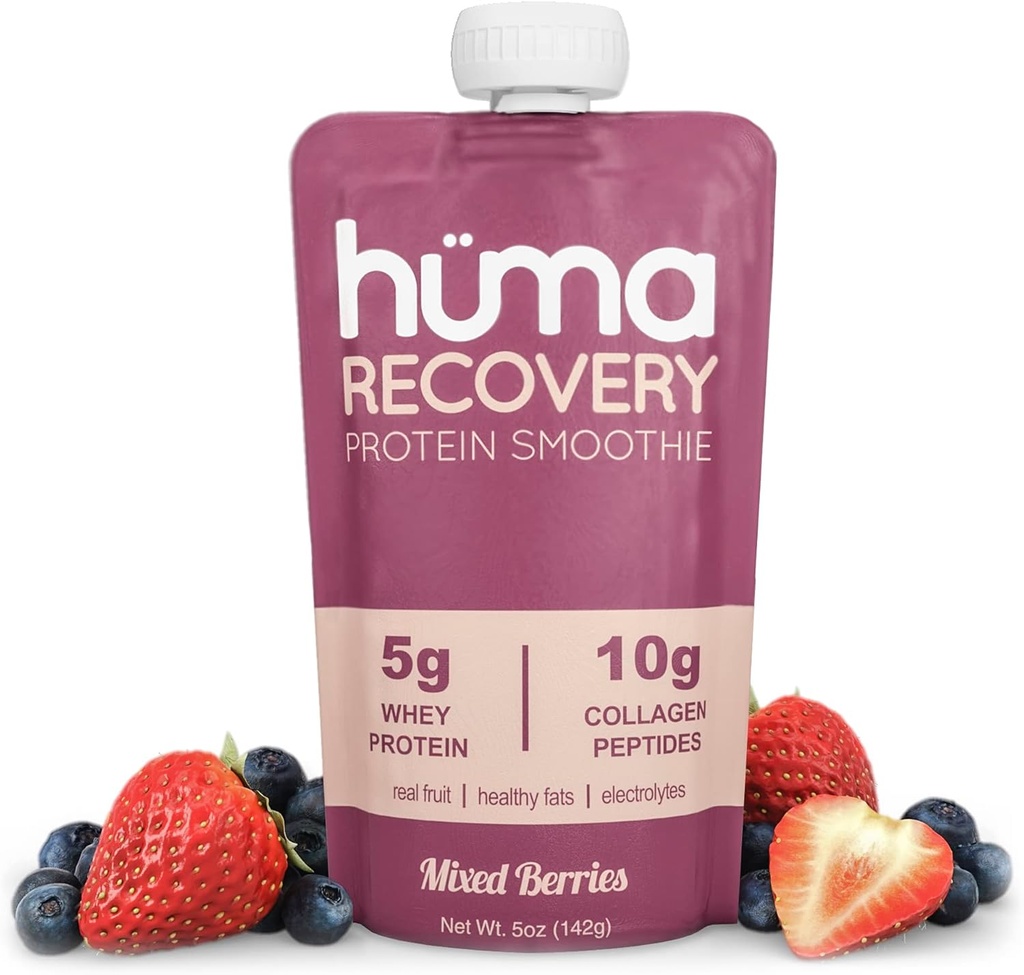 Huma Recovery Protein Smoothie, 20 Pouches - 15g Collagen + Whey Post Workout Recovery Drink - Ready- to- Drink Protein Shake med Real Fruit, Electrolytes, Sunde Fedtstoffer