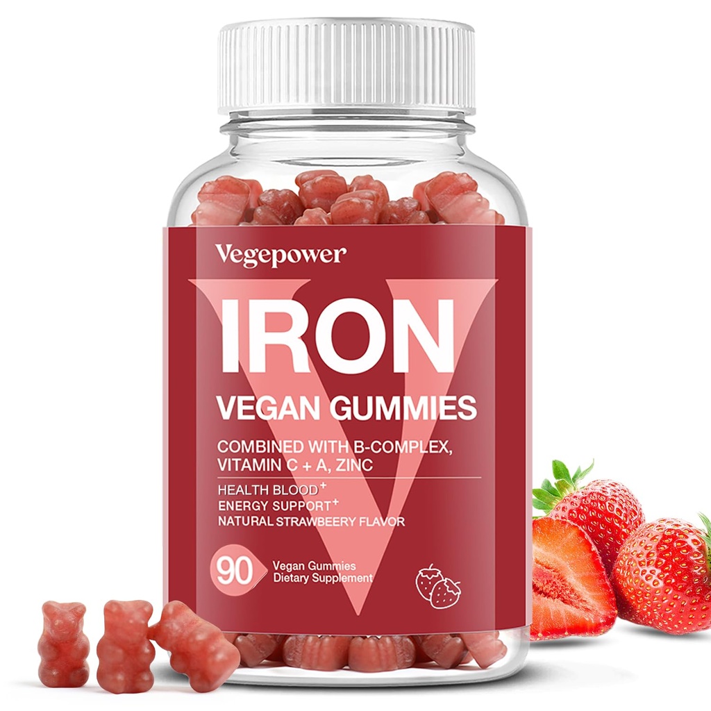Iron Gummies Kosttilskud til kvinder og børn - Multivitamin med C-vitamin til energistøtte, Store smagfulde jerngummivitaminer med C-vitamin til Max Absorption - Vegan, Jordbær 90 Greve