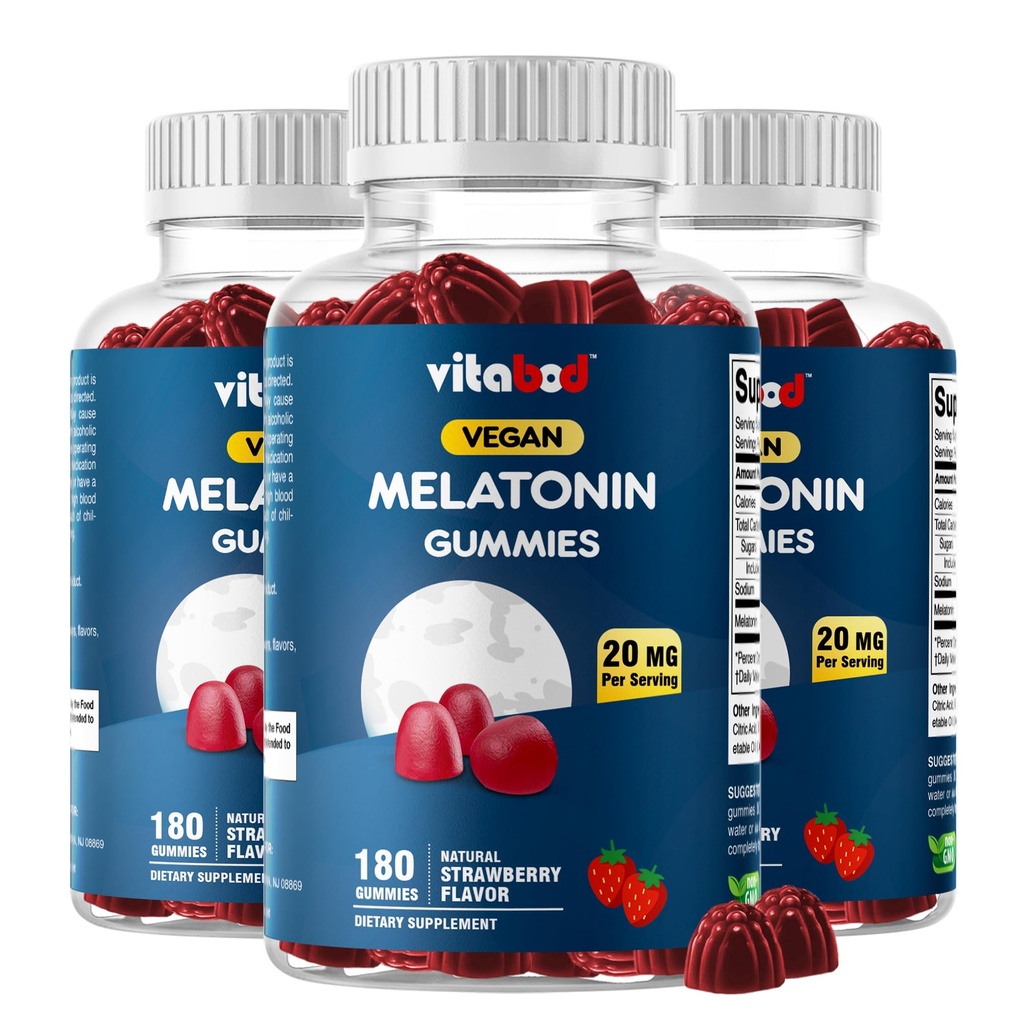 Melatonin 20mg Gummies - 180 Count - Drug Free - Natural Strawberry Flavor - Vegetarisk, Non- GMO, Gluten Free (3 flasker)