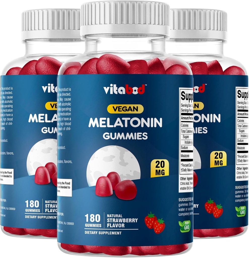 Melatonin 20mg Gummies - 180 Count - Drug Free - Natural Strawberry Flavor - Vegetarisk, Non- GMO, Gluten Free (3 flasker)