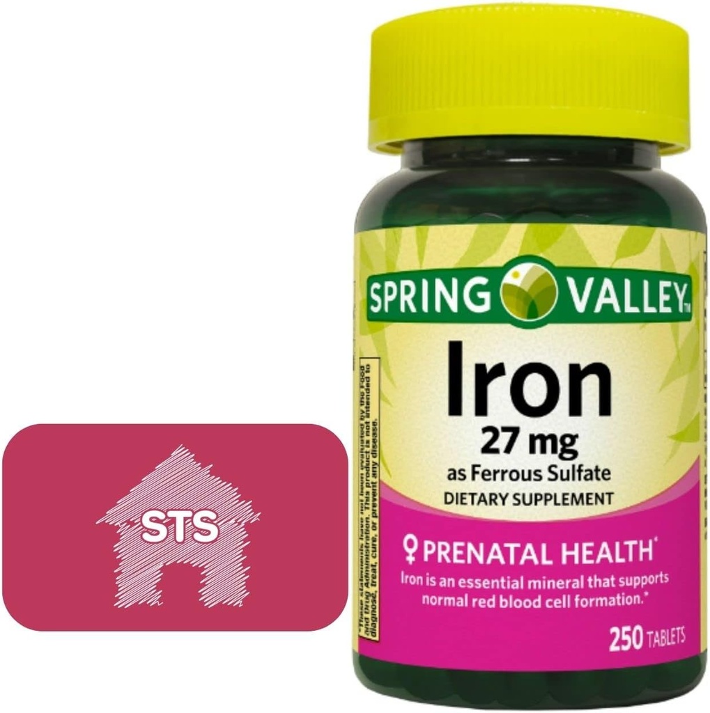 Spring Valley Jern som Ferrosulfate 27 mg, 250 Count + STS Home Sticker.