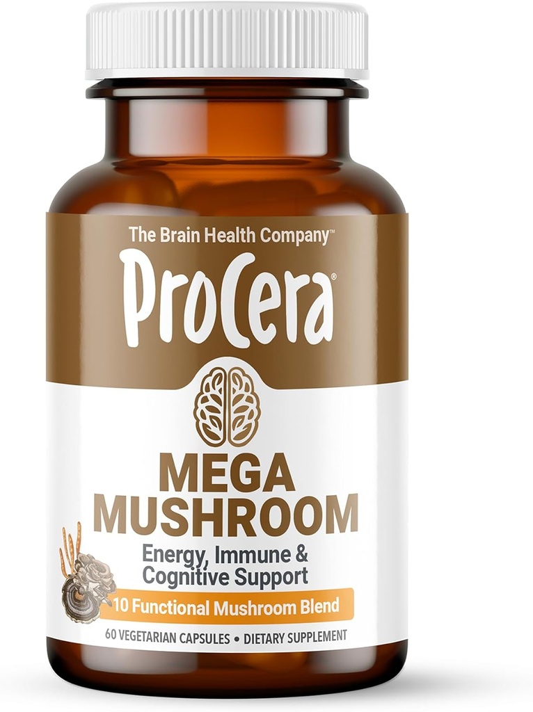 Procera Mega Mushroom - Forbedret hukommelse, Natural Energy & Mental Clarity - Clear Mind - Lift Brain Fog - Immunstøtte - Detox - Lions Mane Chaga Cordyceps Shiitake Tyrkiet Hale - 60 Greve