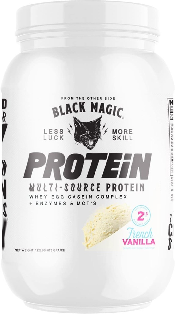 Black Magic Multi- Source Protein - Whey, Casein, Enzymes, & MCT - Pre Post Workout - Keto, Lavsukker, Gluten Free - Fransk Vanilla - 24g Protein - 2 LB