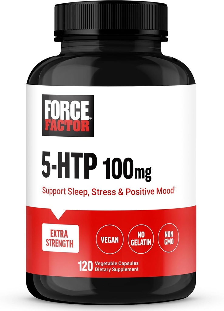 FORCE FACTOR 5htp Sleep Aid and Mood Support, Extra Strength 5 HTP, Natural Sleep Supplement for voksne til at støtte rolig og stress balance, Vegan, Non- GMO, 120 Kapsler