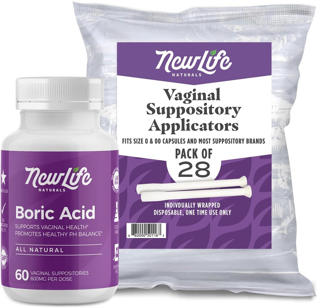 NewLife Naturals Boric Acid Vaginal Supposites 600mg (60 Pack) med 28 Applikatorer - for pH Balance, Feminin Sundhed og Intimate Wellness - Made in USA