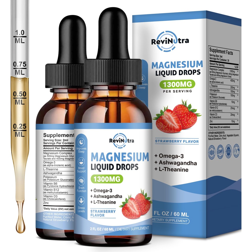 2 Pack Liquid Magnesium Glycinate Drops med Taurat & Citrate, Calm Magnesium med Omega3, L-Theanin, Kalium, Ashwagandha, Vitamin til søvn, Muskel, immunforsvar, Sukkerfri Jordbærsmag