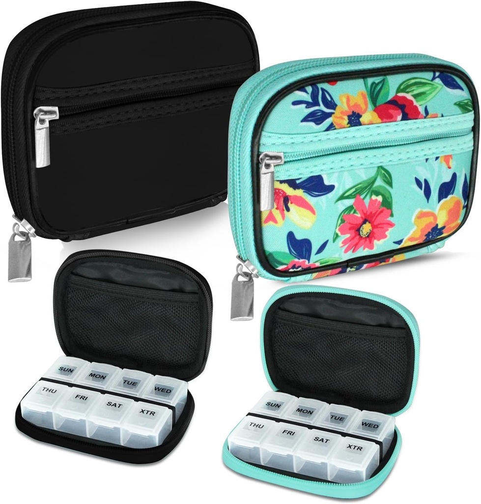 Serfeymi Weekly Travel Pill Organizer Pill sag for Purse med Aftagelig 7 Day Pill Box, Fashionable Travel Medicine Organizer Pill Container for Medicine, Vitamin, Supplement - Black 01 + Green 01