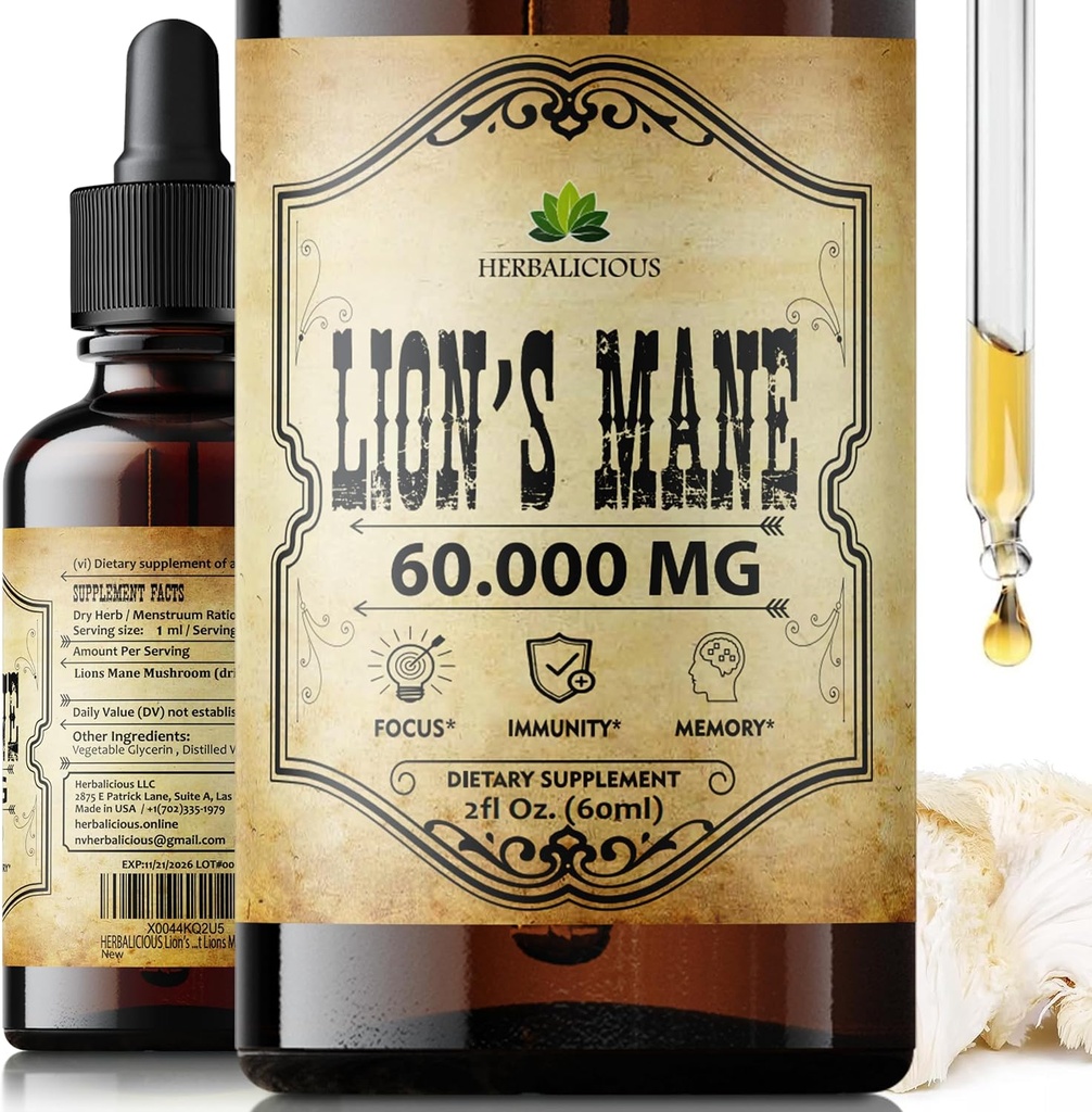 Lions Mane Extract 2 fl oz Liquid - Natural Mushroom Supplement Tincture for Brain, Memory, Mental Clarity & Focus - immunforsvar - High Potency Formel - 90- Day Supply