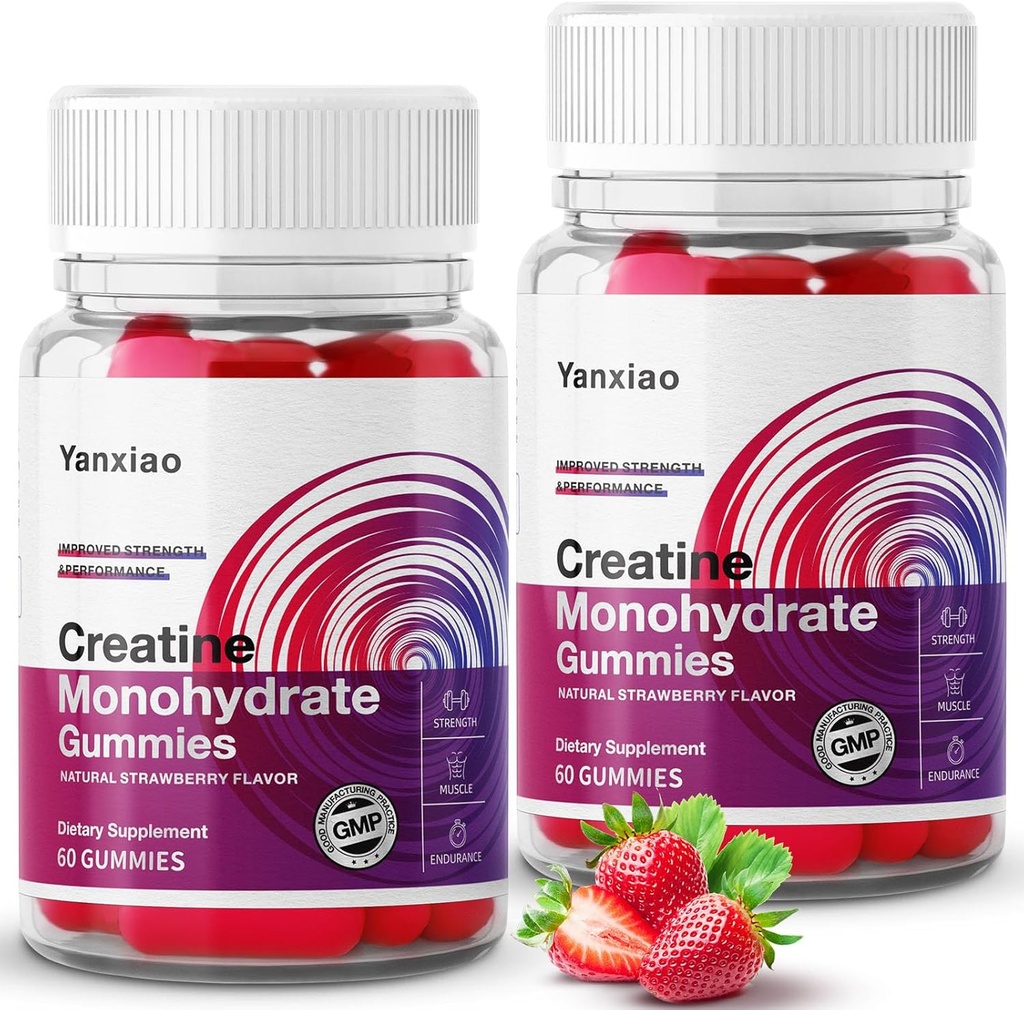 yanxiao Creatine Monohydrat Gummies 5g til mænd og kvinder, Anti- smeltning Formel, Sukker Free Creatinin Chews for muskel vækst og styrke, Indeholder C-vitamin og andre næringsstoffer (120 Tæl)