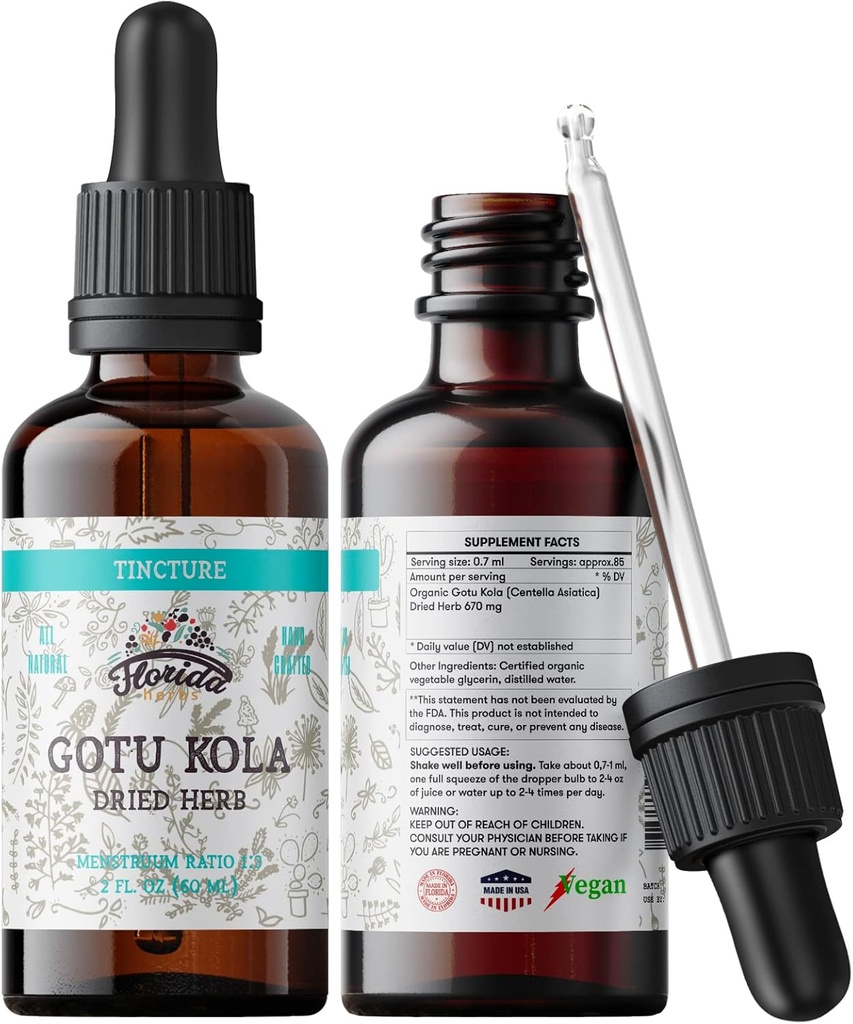 Gotu Kola Tincture, Organic Gotu Kola Extract, Gotu Kola Drops (Centella Asiatica) Tørret urt