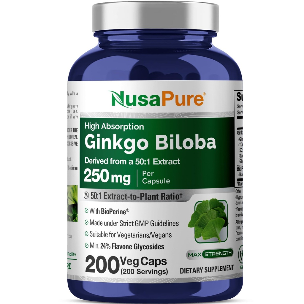 NusaPure Ginkgo Biloba 50: 1 Extract, 250 mg Ækvivalent med 12, 500 mg per Veggie Caps 200 Kapsler (Vegetarisk, Non- GMO, Vegan) Bioperine