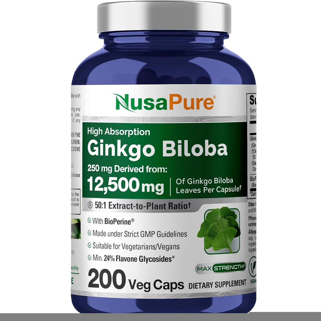 NusaPure Ginkgo Biloba 50: 1 Extract, 250 mg Ækvivalent med 12, 500 mg per Veggie Caps 200 Kapsler (Vegetarisk, Non- GMO, Vegan) Bioperine