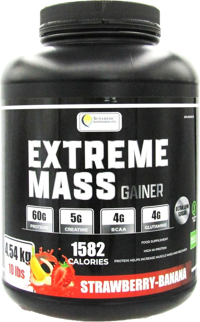 Extreme Mass Weight Gainer Muscle Builder, 10 lb (4.54 kg) with Less Sugar for Intense Workout Training Made of high Calorie Fortified whey Protein (Strawberry-Banana)