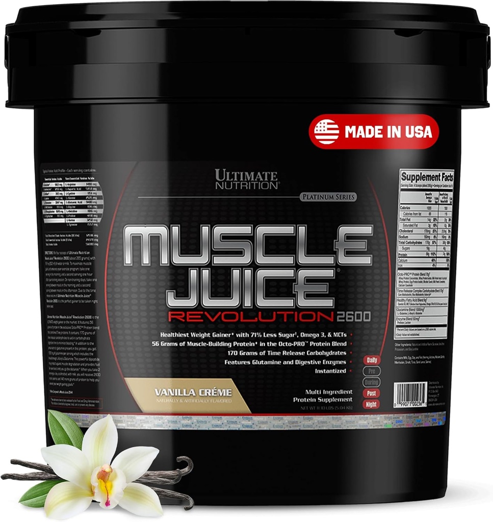 Ultimate Nutrition Muscle Juice 2600 Revolution, Vægt Gain Drink Mix - Mass Gainer Workout Powder supplement til Lean Muscle Growth & Recovery med 56g Protein Blend - Vanilla, 11.105lb