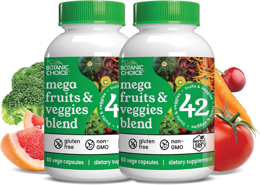 Botanic Choice Mega Frugt og grøntsager Blend I alt 42 Frugt og grøntsager Ligesom Elderberry, Chlorella, Kale Energy Balance & Superfood Vegetabilske Kosttilskud til voksne - 2 Pack