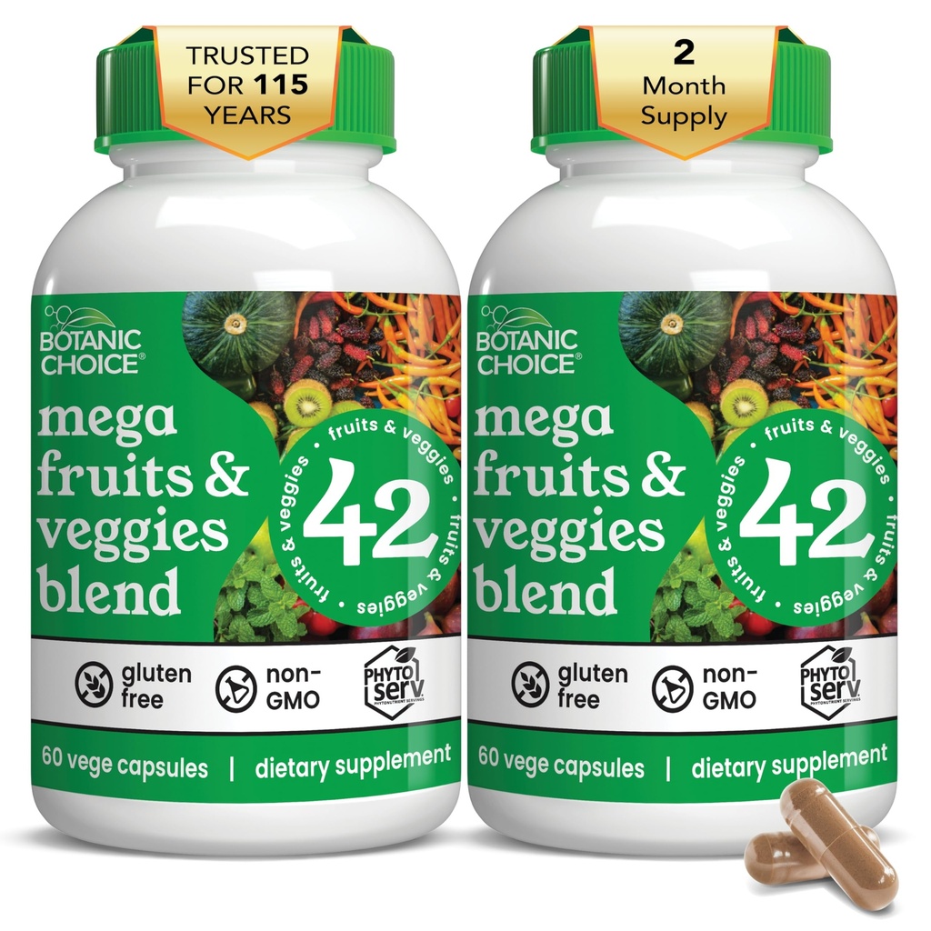 Botanic Choice Mega Frugt og grøntsager Blend I alt 42 Frugt og grøntsager Ligesom Elderberry, Chlorella, Kale Energy Balance & Superfood Vegetabilske Kosttilskud til voksne - 2 Pack
