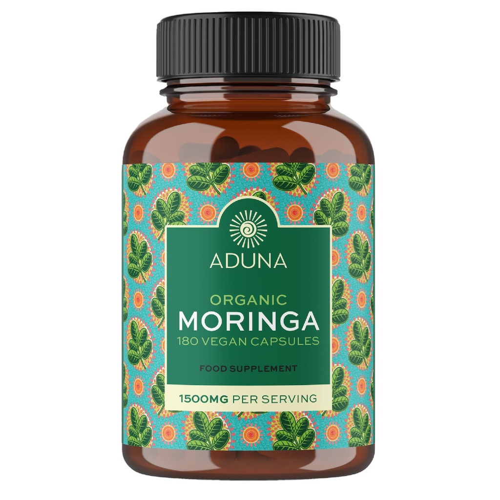 Aduna Organic Moringa Capsules 1500mg • 124; 100% Pure Moringa Leaf for Energy, Immunitet & Focus • 124; Natural Plant- Based Food Supplement for Træthed, Inddrivelse & Amning • 124; 180 Vegan Capsules