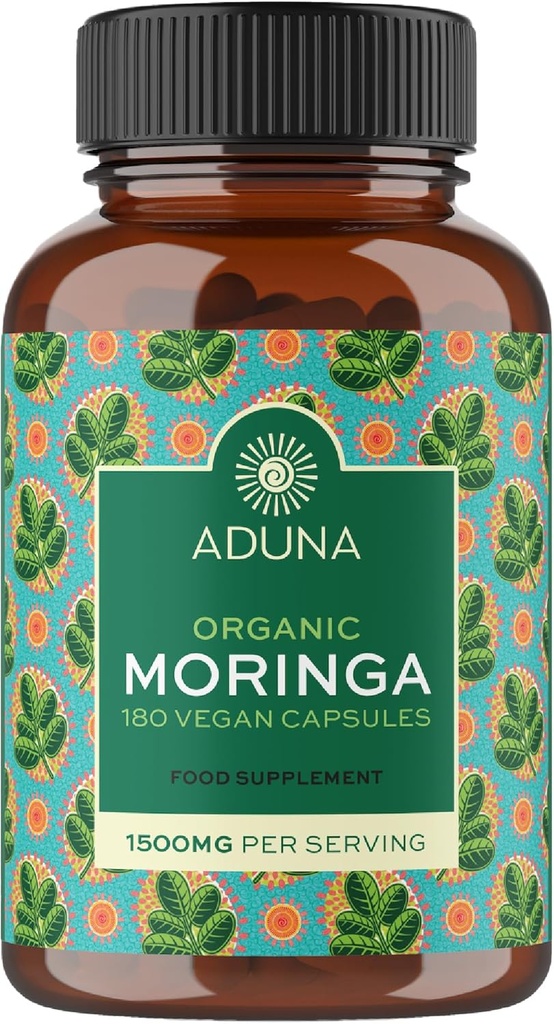 Aduna Organic Moringa Capsules 1500mg • 124; 100% Pure Moringa Leaf for energi, Immunitet & Focus • 124; Natural Plant- Based Food Supplement for Træthed, Inddrivelse & Amning • 124; 180 Vegan Capsules