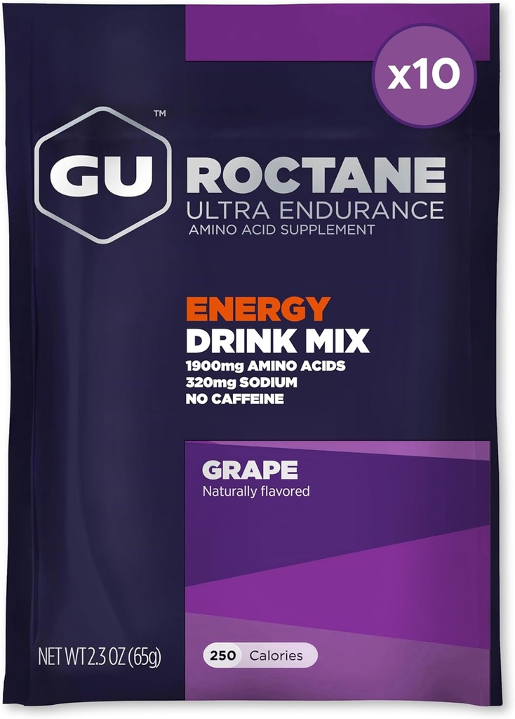 GU Energy Roctane Ultra Endurance Energy Drink Mix, Vegan, Gluten- Free, Kosher, Kaffe- Gratis, og Dairy- Gratis n- the- Go Energy for enhver træning, 10 Single- Servering Pakker, Grape
