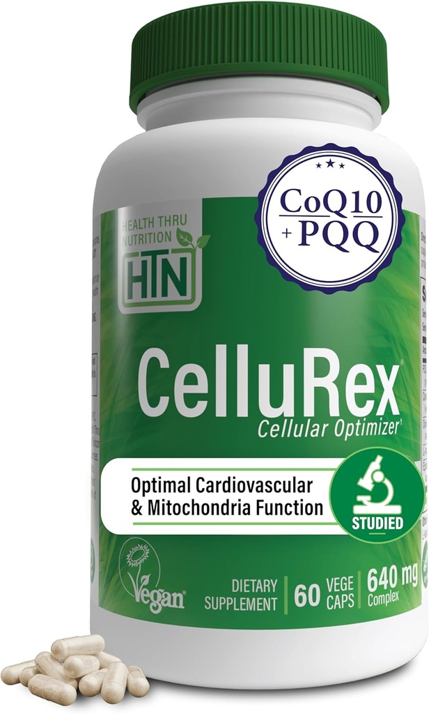 Health Thru Nutrition CoQ10 Plus PQQ og rød spinat Buddy 124; Cellurex Buddy 124; Cellulær Optimizer for Brain Circulation Energy og Mitochondria Function Support Buddy 124; Certified Vegan Buddy 124; Non- GMO (pakke med 60)