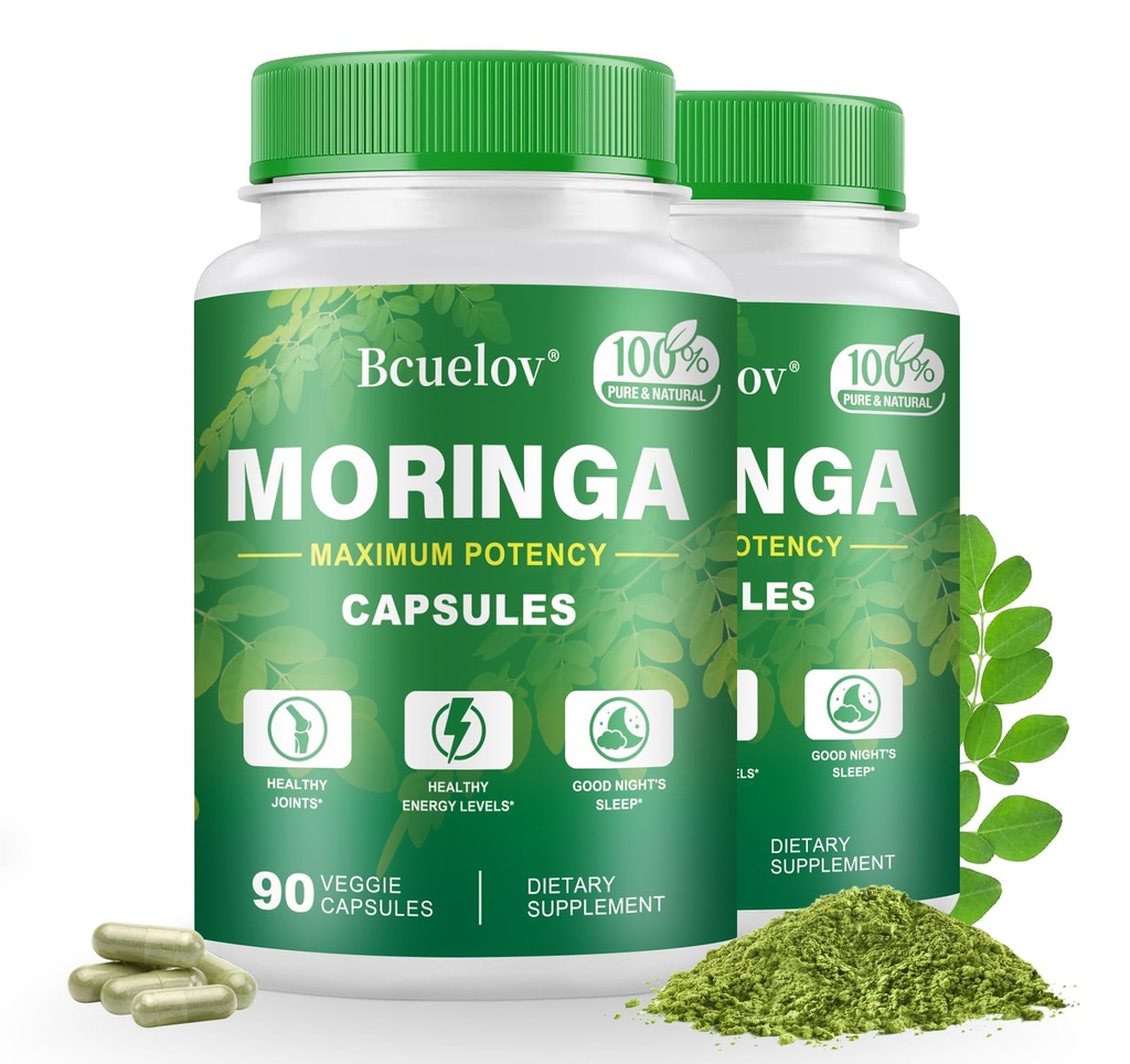 Moringa Capsules 2 Flasker á 124; 800mg Pure Moringa Powder Capsules - Understøtter energi, immunforsvar, Gut Health, Green Superfood Indeholder vitaminer og aminosyrer