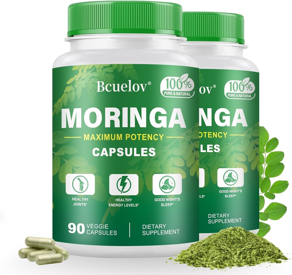 Moringa Capsules 2 Flasker á 124; 800mg Pure Moringa Powder Capsules - Understøtter energi, immunforsvar, Gut Health, Green Superfood Indeholder vitaminer og aminosyrer