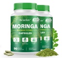 Moringa Capsules 2 Flasker á 124; 800mg Pure Moringa Powder Capsules - Understøtter energi, immunforsvar, Gut Health, Green Superfood Indeholder vitaminer og aminosyrer